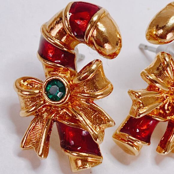 VTG Avon Signed Christmas Candy Cane Earrings Gold Tone Red Enamel Green Stone - Picture 4 of 10